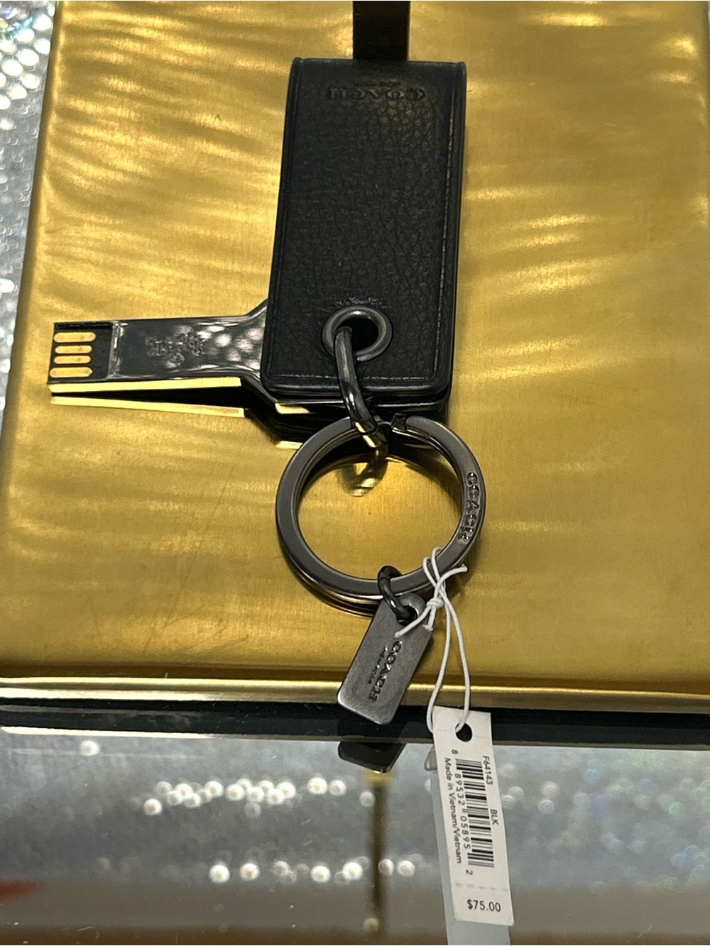 Coach Black Leather Key Fob with Silver Hardware and Logo Tags